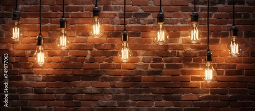 A collection of light bulbs of various sizes and shapes hang from strings against a textured brick wall. The bulbs appear to be inactive, creating a striking visual contrast against the backdrop.
