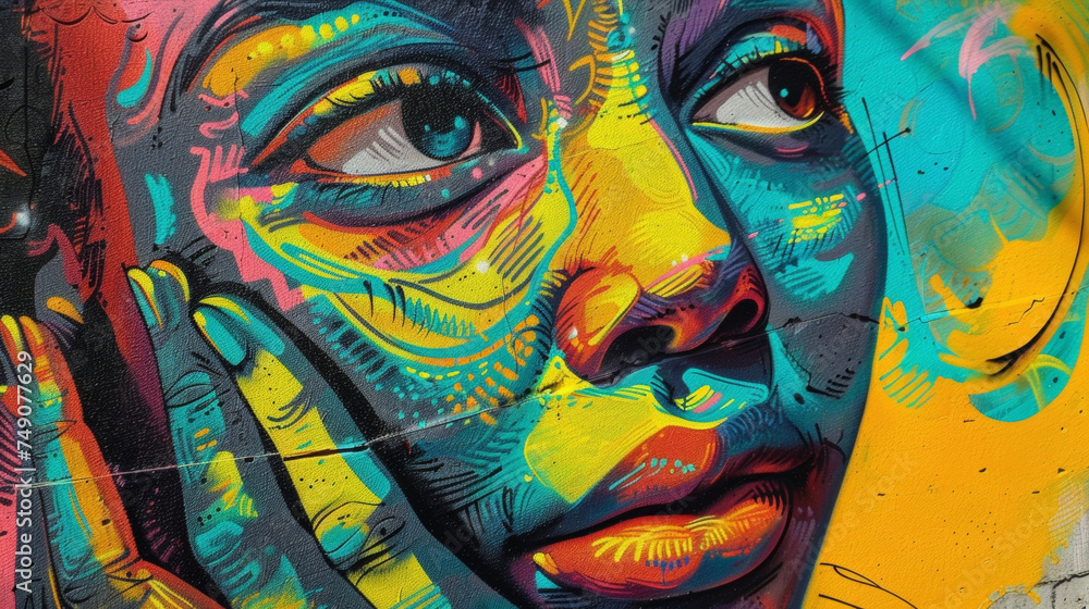 A closeup of a street art portrait with bold lines and vibrant colors bringing out the features and emotions of the anonymous subject.