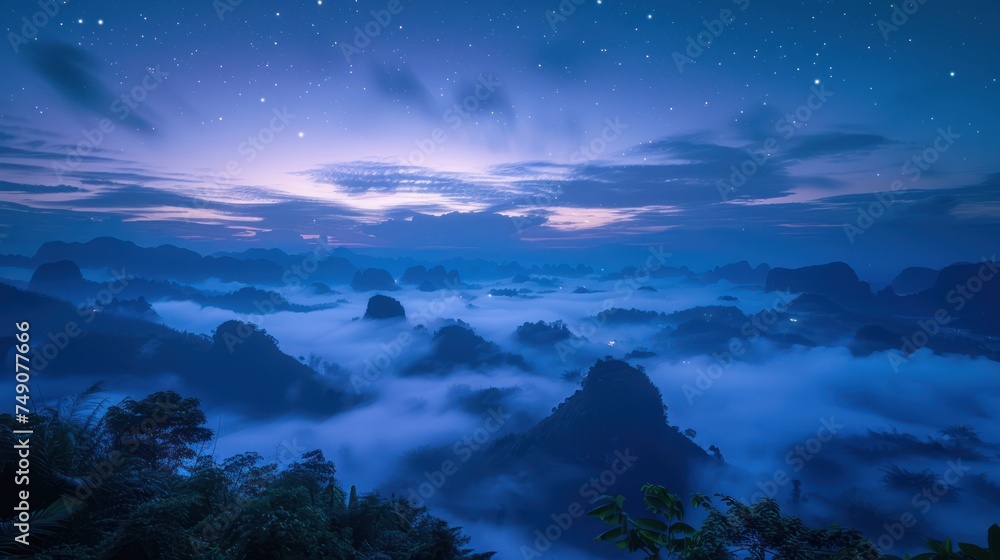 Night view of Phu Langka, Thailand, backdrop of the star tails. Naga shaped clouds