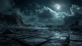 Empty stone floor black with background rugged mountain landscape under a moonlit sky, filled with drifting clouds.
