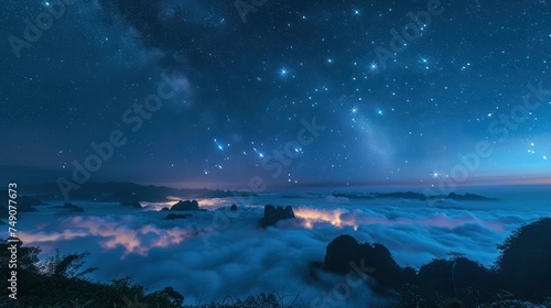 Night view of Phu Langka, Thailand, backdrop of the star tails. Naga shaped clouds
