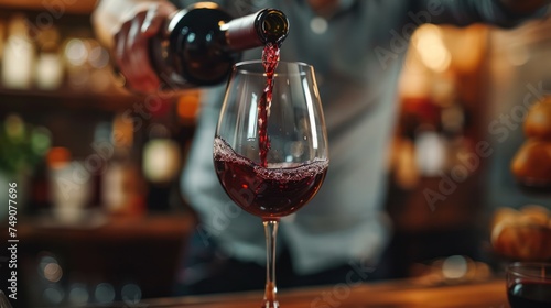 Barman pouring red wine into a glass. Hospitality, beverage and wine concept