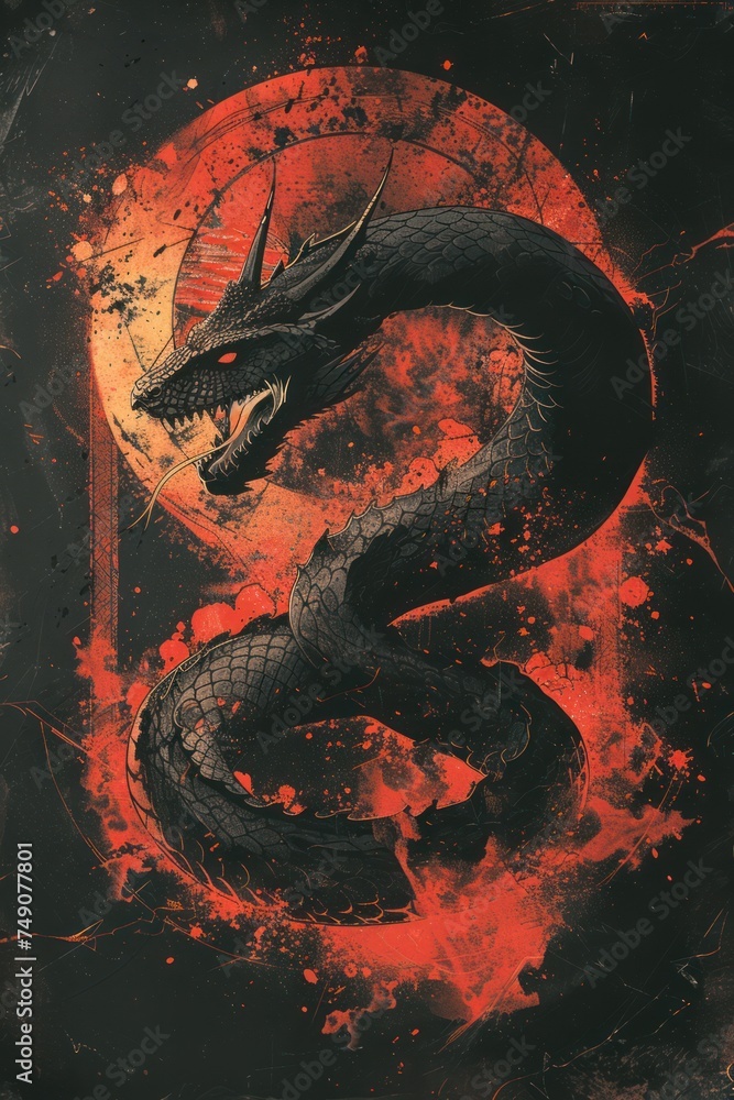 a hand-drawn design for a t-shirt featuring the Ouroboros. The background should represent a scene of fire and explosion.