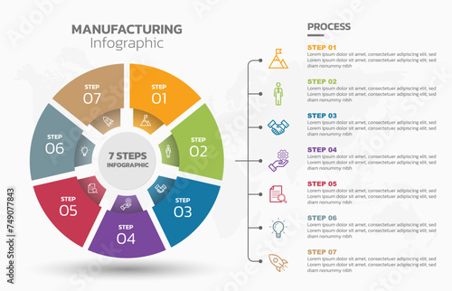 Visual data presentation. Cycle diagram with 7 options. Pie Chart Circle infographic template with 7 steps, options, parts, segments. Business concept. Marketing infographic vector illustration.