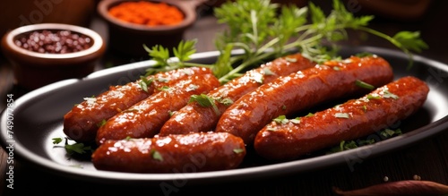 A plate on a table is filled with sausages that have been marinated in a flavorful spiced sauce, creating a delicious and aromatic meal.