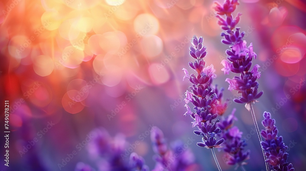 Beautiful detail of scented lavender flowers field perfect Radiant Orchid color - obrazy, fototapety, plakaty 