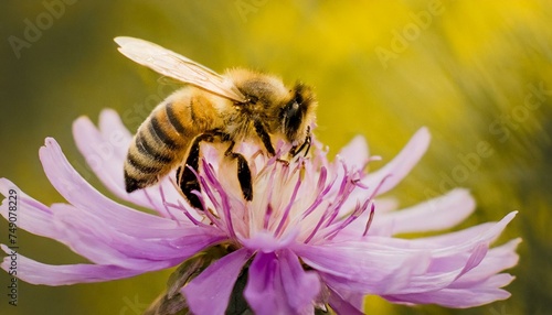Golden Moments: Honey Bee Savoring a Purple Blossom Amidst a Lush Yellow Backdrop"