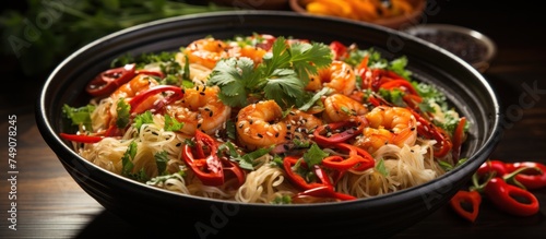 Noodles with shrimps, vegetables and sesame seeds