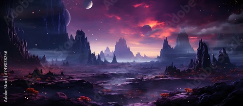 Fantasy landscape with planet and moon.