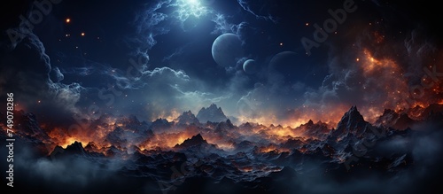 Fantasy alien planet. Mountain and sky with clouds.