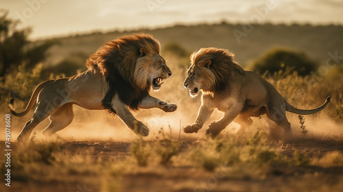 戦う2匹のライオン　縄張り争いに闘争心むき出し　場所はサバンナ