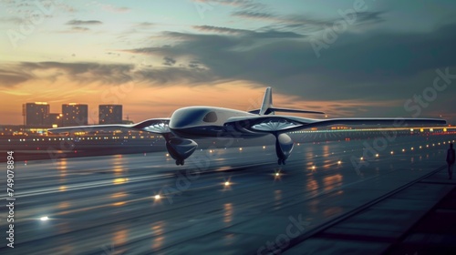 Abstract futuristic military drone unmanned plane preparing to departure or arrival