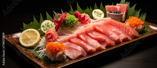 A platter filled with various types of sashimi and sushi arranged alongside lemon slices. The fresh, raw fish is neatly presented, ready to be enjoyed.
