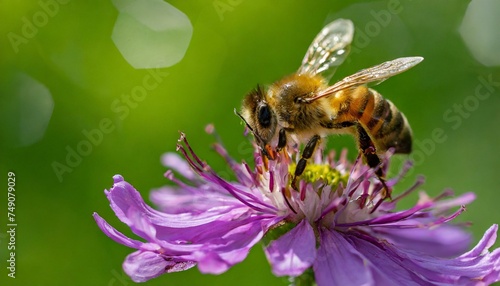 Nature's Jewels: Macro Shot of a Honey Bee Feasting on a Purple Blossom with Lush Green Bokeh Background"