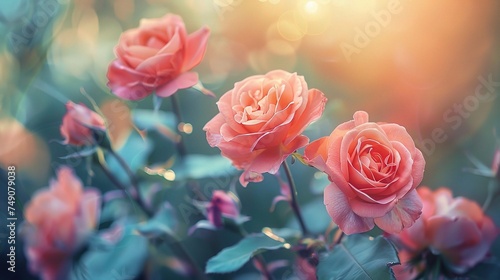 Beautiful summer flowers as background. Blossoming delicate roses on blooming flowers festive background