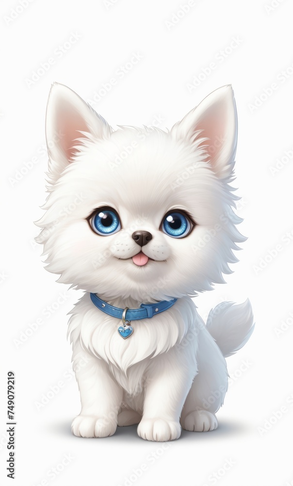 sticker of a cute white baby dog, big blue eyes