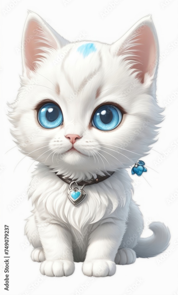 sticker of a kawaii white baby cat with big blue eyes