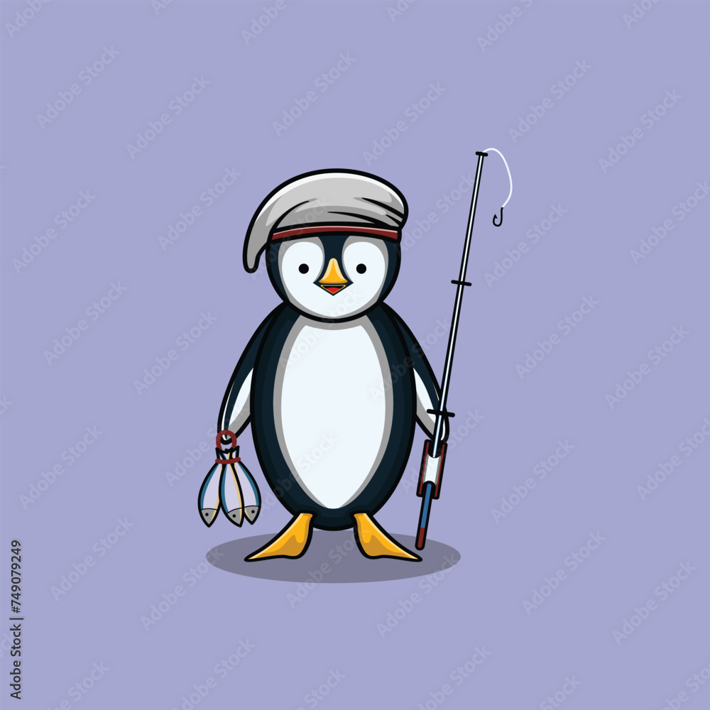 Obraz premium Vector illustration of a cute little baby penguin wearing a hat, holding a fish and a fishing tool, isolated. Flat style.