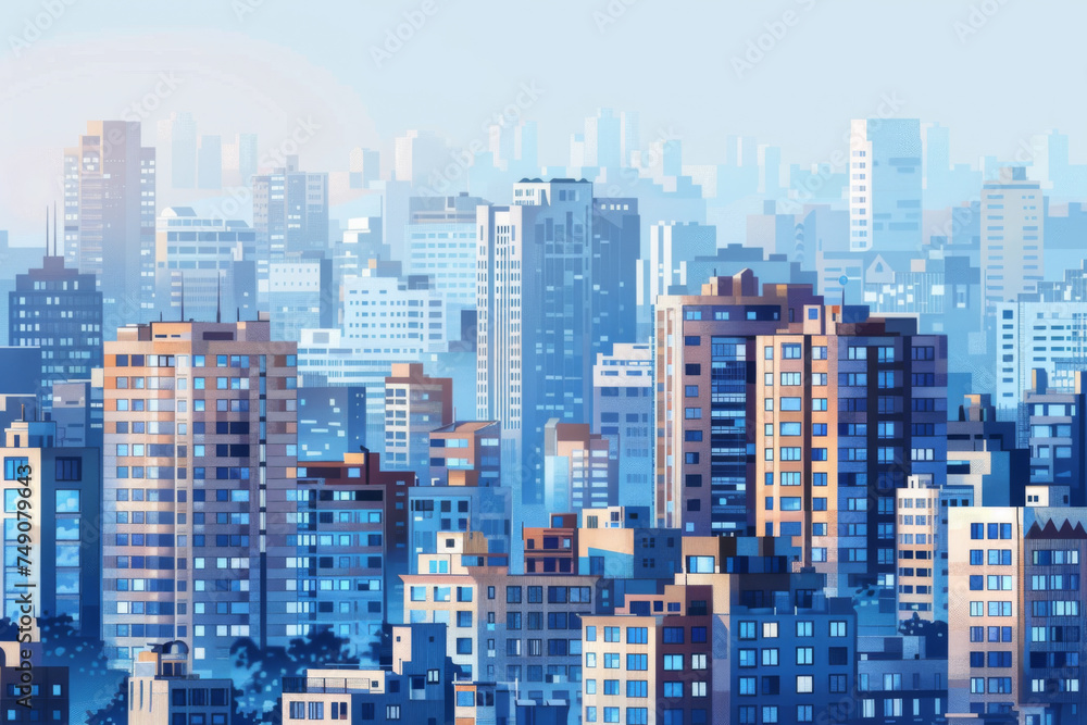 Tall city buildings and houses on horizon. Tall city buildings and houses on horizon.