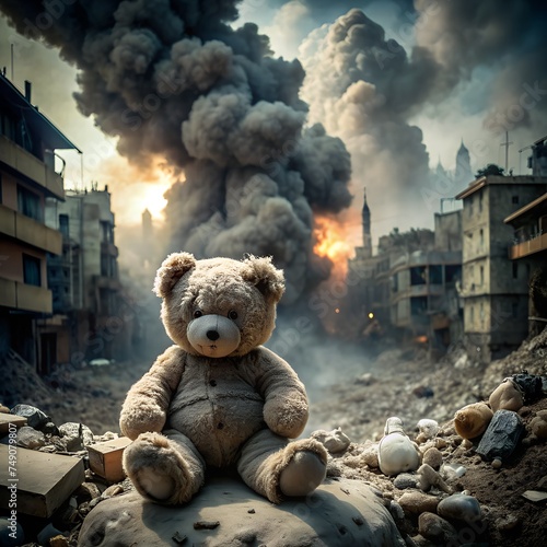 kids teddy bear toy over city burned destruction =
