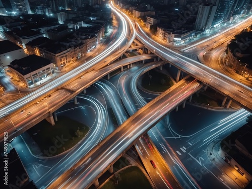 An overhead nighttime perspective of busy city roads beautifully illuminated by traffic lights photo