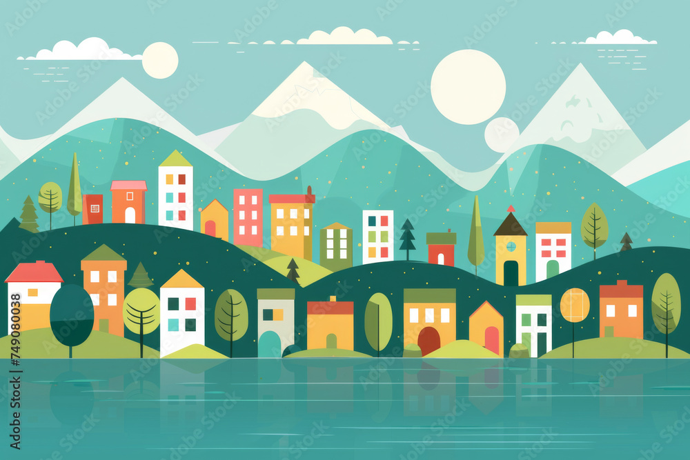 Fototapeta premium Vector illustration in simple minimal geometric flat style - cityscape with buildings hills sea and trees.
