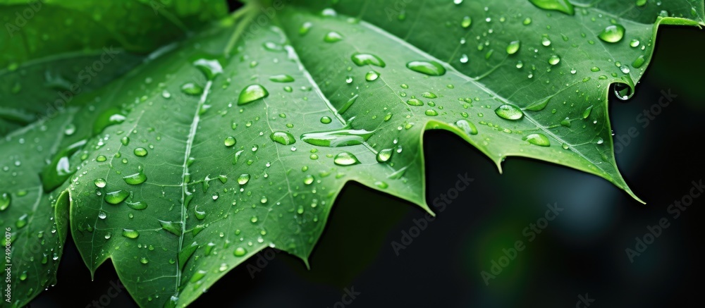 Fototapeta premium A green leaf glistening with raindrops, showcasing the intricate patterns created by each droplet. The leaf is vibrant and fresh, reflecting the essence of a rainy day in a garden.