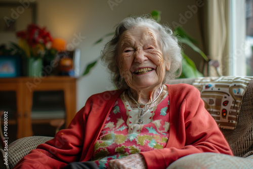 Happy elderly, smiling grandma sitting on sofa at home with joy and laughing