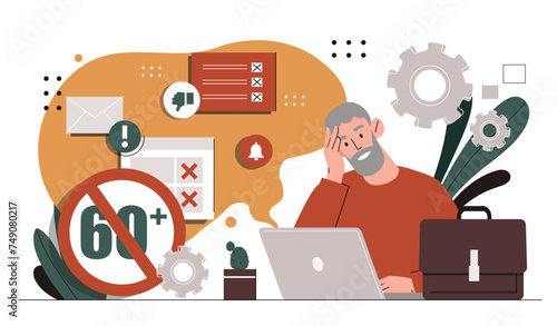 Ageism social problem. Elderly man sitting with laptop and searching job. Pensioner with laptop. Age discrimination. Cartoon flat vector illustration isolated on white background