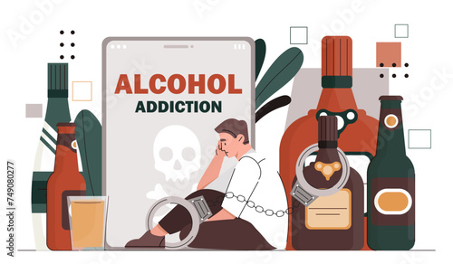 Man with alcohol addiction. Sad young guy sitting near bottles with alcoholic drinks and beverages. Psychological problems. Cartoon flat vector illustration isolated on white background