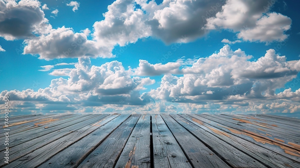 blue sky with clouds and wood planks floor background
