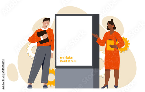 People with empty banner. Man and woman near space for text and presentations. Advertising on street. Professional business poster. Cartoon flat vector illustration isolated on white background