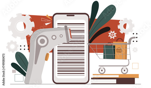 Barcode scanner concept. Smartphone with qrcode reader. Online shopping and electronic commerce. Shortened link. Cashless payment. Marketing and retail. Cartoon flat vector illustration