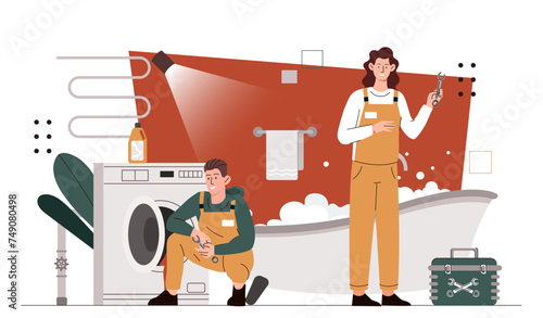 Bathroom renovation concept. Man and woman in uniform with tools fix problems indoor. Characters repair pipes and bath. Cartoon flat vector illustration isolated on white background