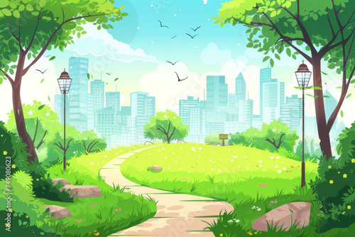 Public park with sky and city background.Beautiful nature scene with town and hill. 