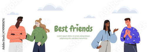 Best Friends poster. Men and women communicate with each other. Good relationship between young guys and girls. International holiday. Poster or banner. Cartoon flat vector illustration
