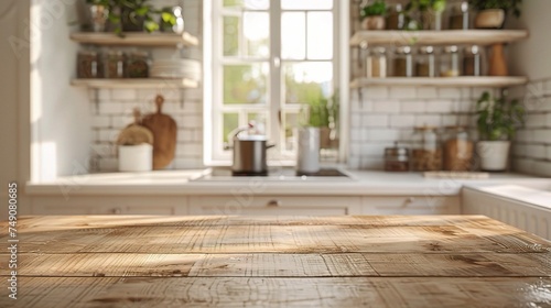 Blur background interior design, scandinavian minimalist classic kitchen with wooden photo
