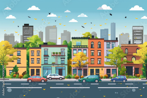 Urban landscape with building in flat style. Modern city running cars on road.