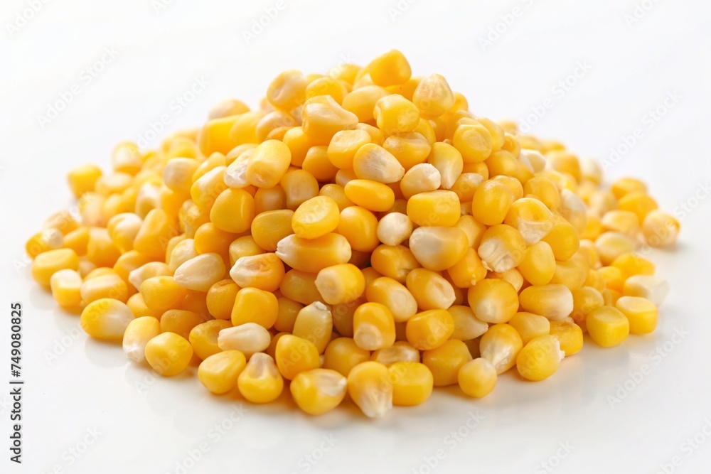Fresh corn kernels scattered on a clean white background, creating a simple yet visually appealing image. Fresh corn kernels scattered on a clean white background, creating a simple yet visually appealing image.