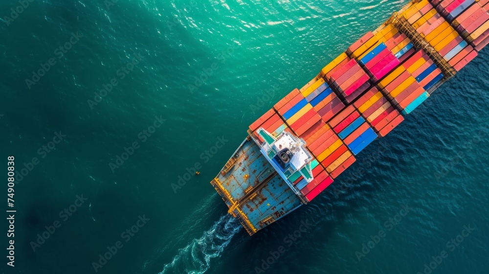 Aerial top view container cargo ship in import export business commercial trade logistic and transportation of international by container cargo ship in the open sea, Container cargo freight shipping.