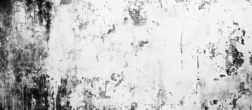 The black and white grungy wall is covered in peeling paint, cracks, and dirt, creating a distressed and worn-out appearance. The textures and details of decay are prominent, adding a raw and rugged