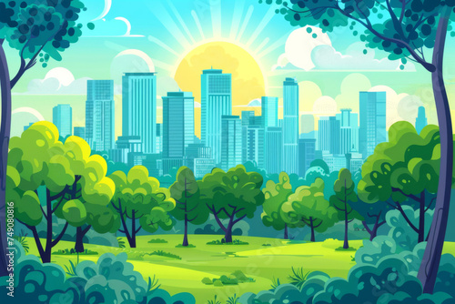 City Park Concept. Urban Forest Panorama. Cityscape With Buildings And Trees. 