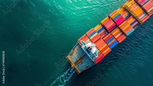 Aerial top view container cargo ship in import export business commercial trade logistic and transportation of international by container cargo ship in the open sea, Container cargo freight shipping. © Nataliya