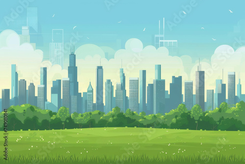 Cityscape skyline with green meadow in the foreground. 