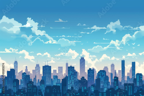 Day city skyline. Buildings silhouette with windows cityscape with clouds. 
