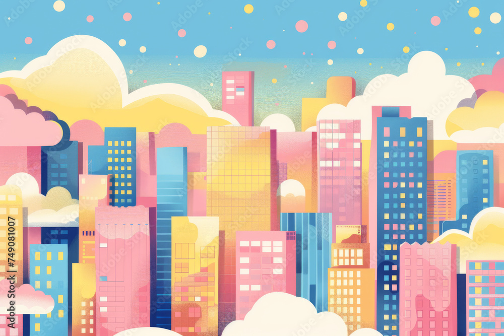Yellow blue and pink city buildings landscape with clouds design Abstract geometric architecture and urban theme illustration. Yellow blue and pink city buildings landscape with clouds design Abstract geometric architecture and urban theme illustration.