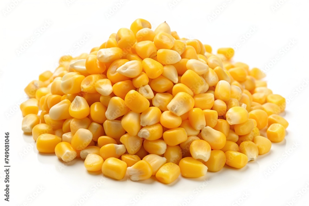 Fresh corn kernels scattered on a clean white background, creating a simple yet visually appealing image. Fresh corn kernels scattered on a clean white background, creating a simple yet visually appealing image.