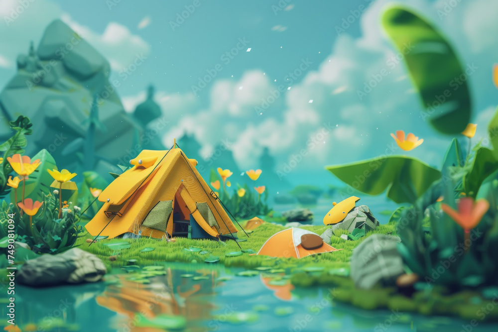 Camp on green grass in cute cartoon design style.