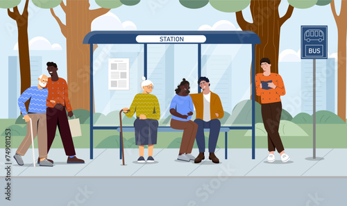 People at bus stop. Urban infrastructure. Citizens waiting for vehicle and transport. Elderly woman with stick and young couple. Crowd of passengers. Cartoon flat vector illustration