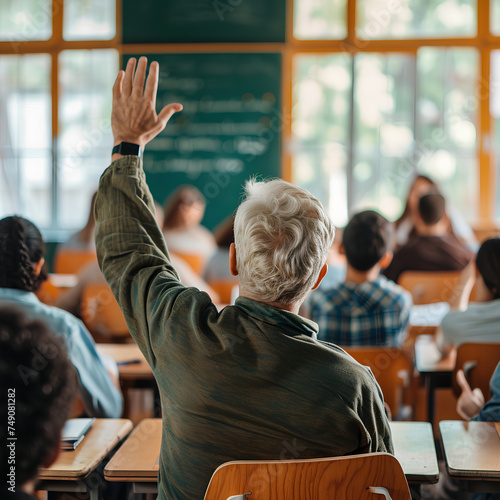 Back view of older student, Back view of older student raising his hand to answer teacher's question during education training class